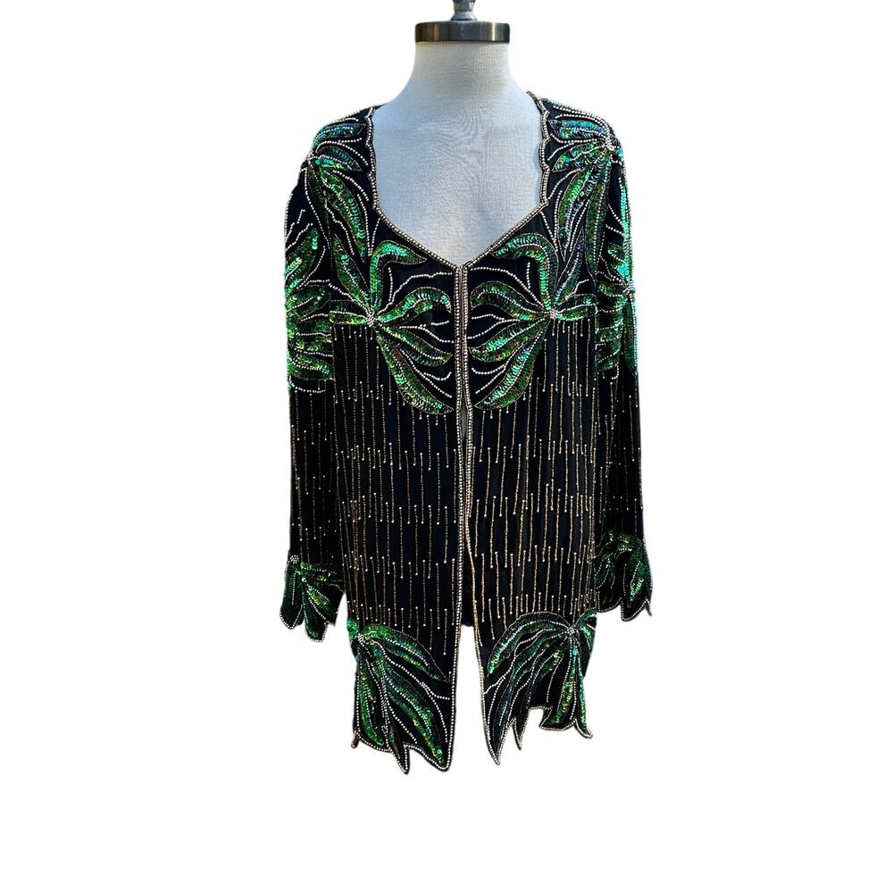 Vintage Beaded jacket Women's Black Green Beaded Long Sleeve Party Evening XL